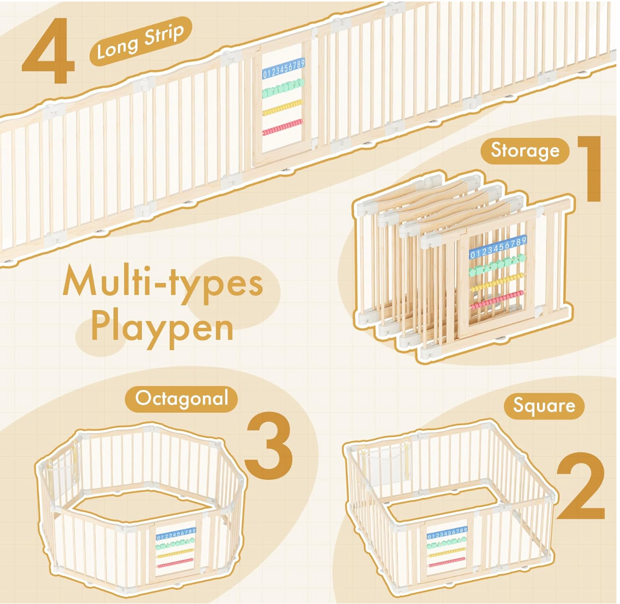 Atoping Wooden Baby Playpen 50 × 50 Inches, Foldable Playpen Fence with Cute Digital Blocks & Storage Bag, Wooden Baby Gate, Multi-Shape Play Yard for Babies and Toddlers Indoor Outdoor