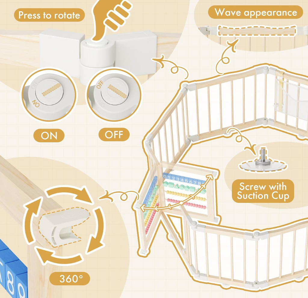 Atoping Wooden Baby Playpen 50 × 50 Inches, Foldable Playpen Fence with Cute Digital Blocks & Storage Bag, Wooden Baby Gate, Multi-Shape Play Yard for Babies and Toddlers Indoor Outdoor