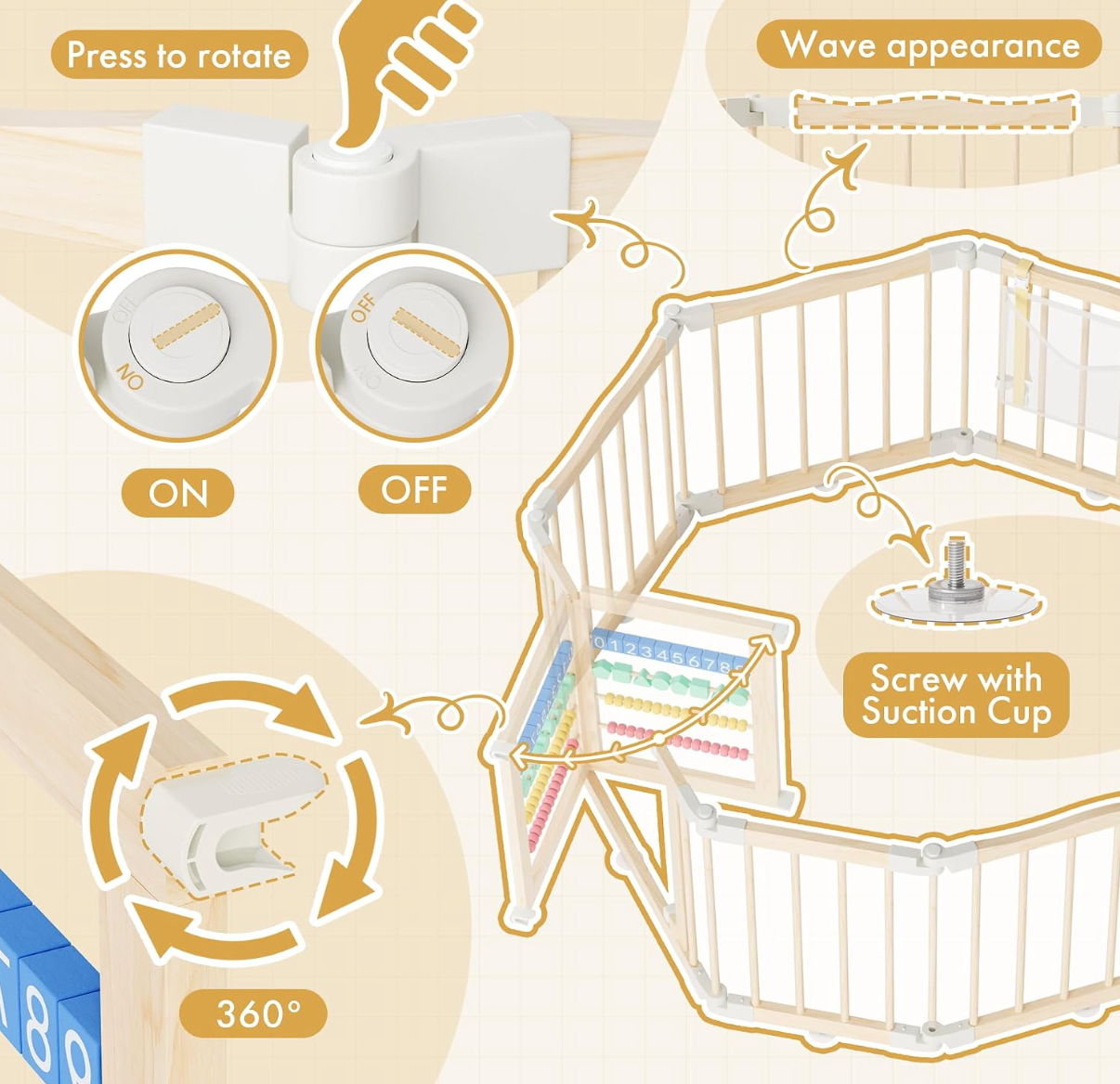 Atoping Wooden Baby Playpen 50 × 50 Inches, Foldable Playpen Fence with Cute Digital Blocks & Storage Bag, Wooden Baby Gate, Multi-Shape Play Yard for Babies and Toddlers Indoor Outdoor