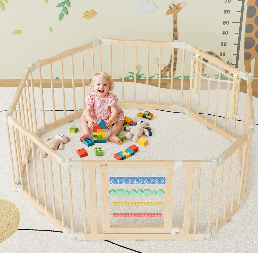 Atoping Wooden Baby Playpen 50 × 50 Inches, Foldable Playpen Fence with Cute Digital Blocks & Storage Bag, Wooden Baby Gate, Multi-Shape Play Yard for Babies and Toddlers Indoor Outdoor