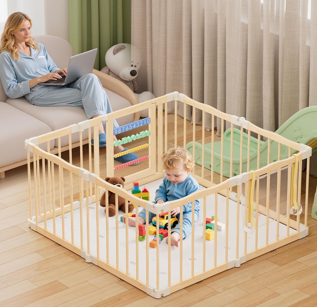 Atoping Wooden Baby Playpen 50 × 50 Inches, Foldable Playpen Fence with Cute Digital Blocks & Storage Bag, Wooden Baby Gate, Multi-Shape Play Yard for Babies and Toddlers Indoor Outdoor