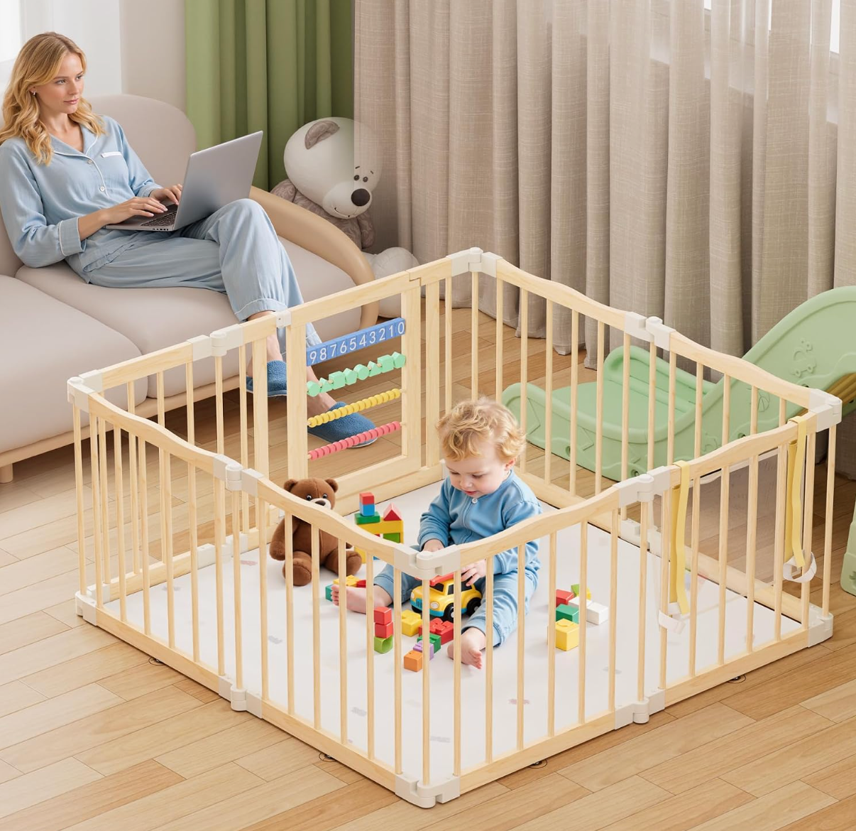 Atoping Wooden Baby Playpen 50 × 50 Inches, Foldable Playpen Fence with Cute Digital Blocks & Storage Bag, Wooden Baby Gate, Multi-Shape Play Yard for Babies and Toddlers Indoor Outdoor