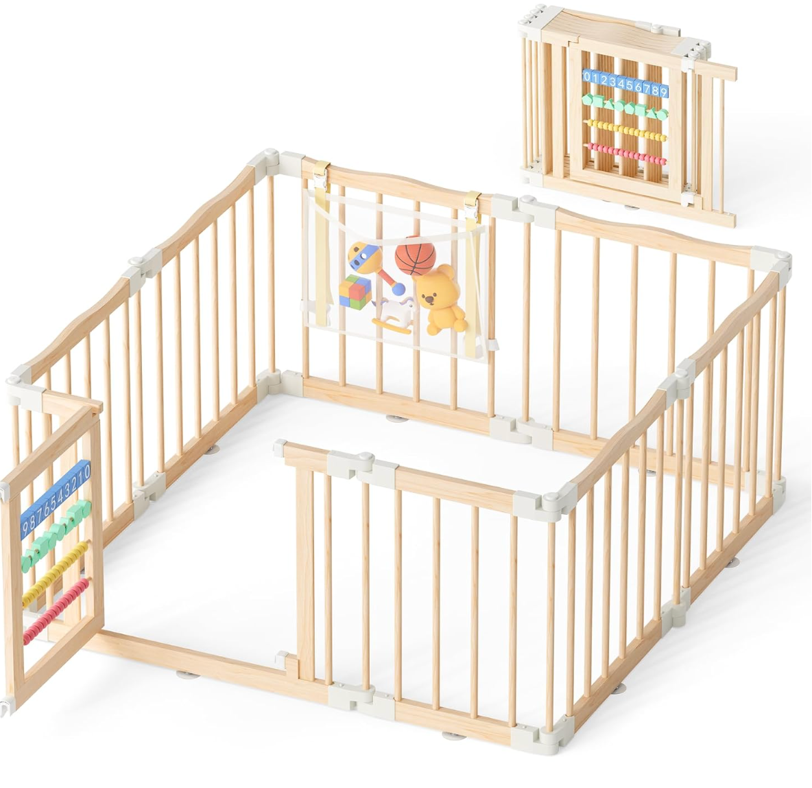 Atoping Wooden Baby Playpen 50 × 50 Inches, Foldable Playpen Fence with Cute Digital Blocks & Storage Bag, Wooden Baby Gate, Multi-Shape Play Yard for Babies and Toddlers Indoor Outdoor