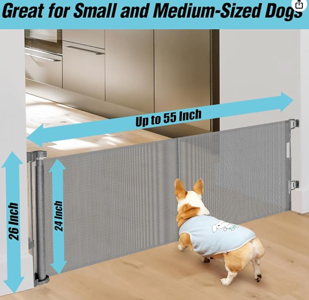 24 Inches Tall Retractable Baby gate for Dogs, Short Pet Gates to Step Over, Extends up to 55" Wide, Reinforced Mesh Doggie Gates for Indoors Outdoors Small Dog Gate for Stairs Puppy Gate (Grey)