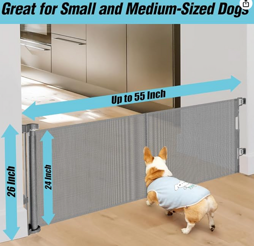 24 Inches Tall Retractable Baby gate for Dogs, Short Pet Gates to Step Over, Extends up to 55" Wide, Reinforced Mesh Doggie Gates for Indoors Outdoors Small Dog Gate for Stairs Puppy Gate (Grey)