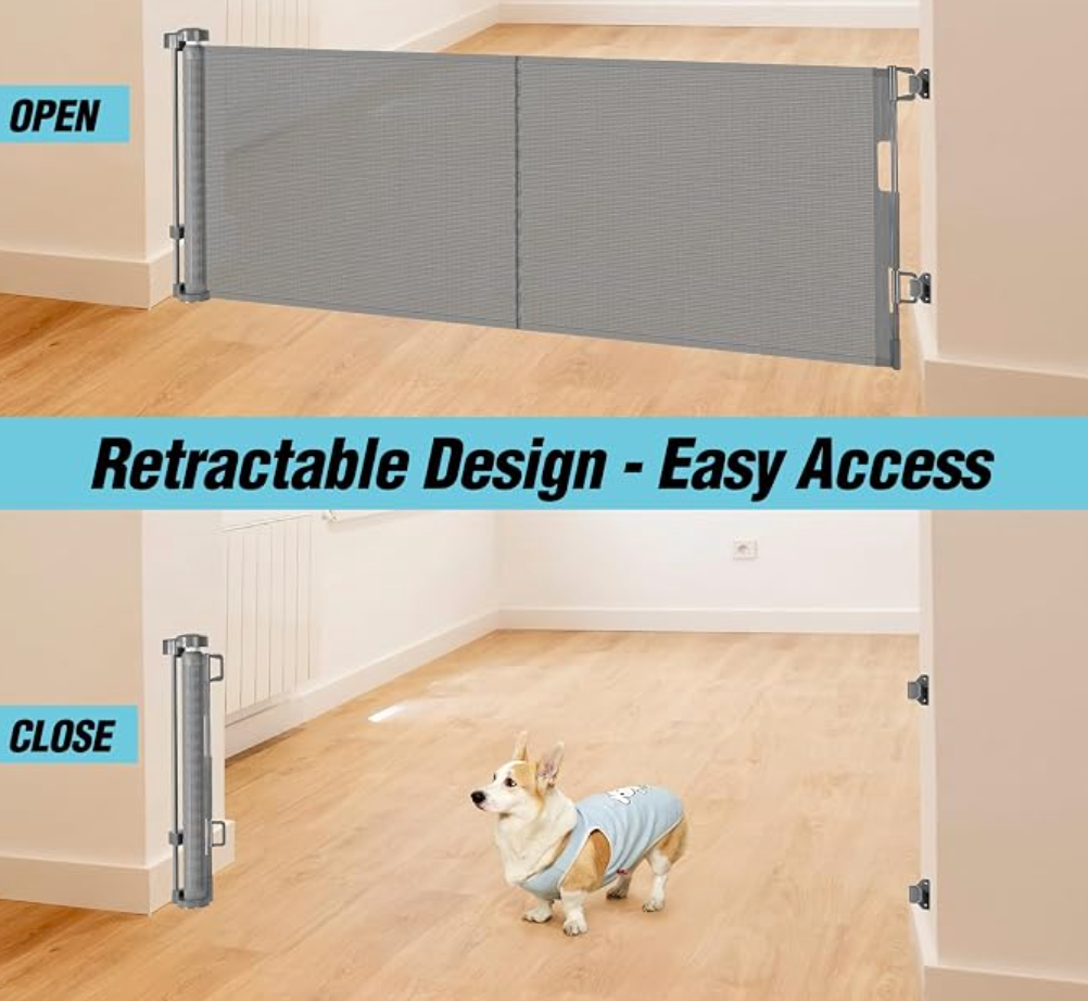 24 Inches Tall Retractable Baby gate for Dogs, Short Pet Gates to Step Over, Extends up to 55" Wide, Reinforced Mesh Doggie Gates for Indoors Outdoors Small Dog Gate for Stairs Puppy Gate (Grey)