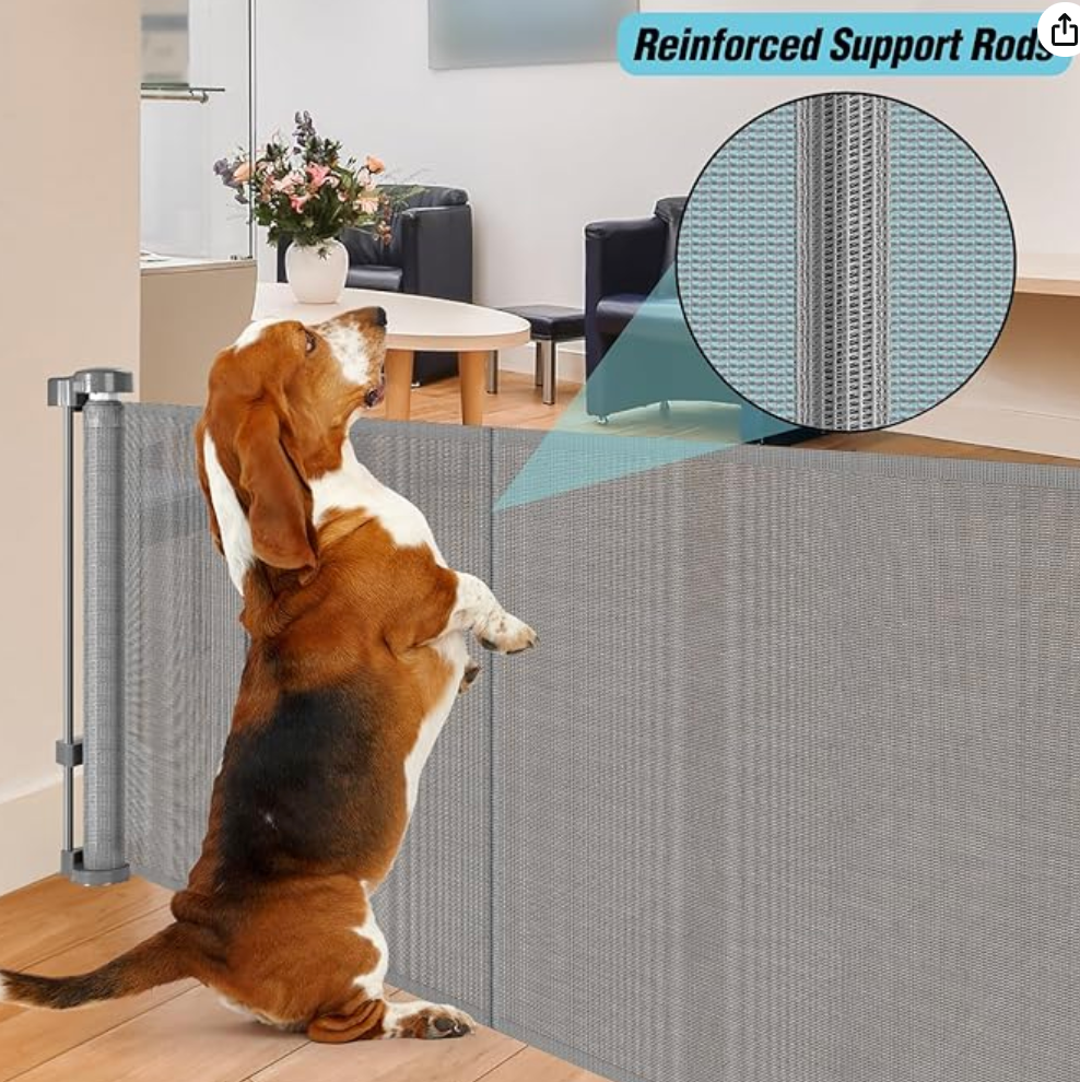 24 Inches Tall Retractable Baby gate for Dogs, Short Pet Gates to Step Over, Extends up to 55" Wide, Reinforced Mesh Doggie Gates for Indoors Outdoors Small Dog Gate for Stairs Puppy Gate (Grey)