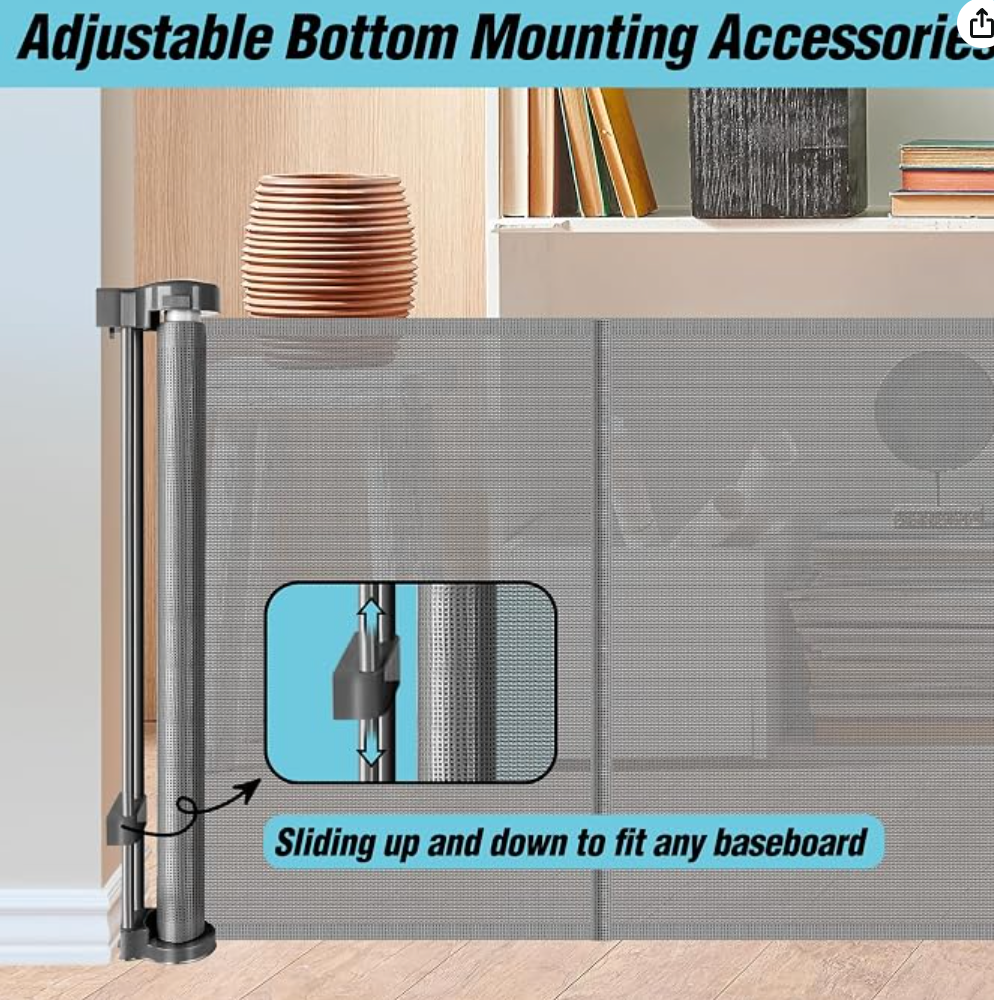 24 Inches Tall Retractable Baby gate for Dogs, Short Pet Gates to Step Over, Extends up to 55" Wide, Reinforced Mesh Doggie Gates for Indoors Outdoors Small Dog Gate for Stairs Puppy Gate (Grey)