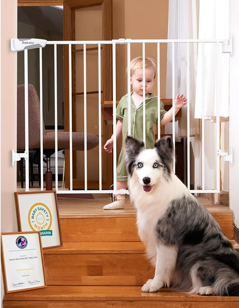 Babelio Baby Gate for Stairs, Kitchen & Doorways, 26-43" W 28" H No Bottom Bar| Easy Installation| One-Handed Operation| Auto-Close| Hardware Mount (Drill Needed) Safety Dog/Pet Gate Indoor (White)