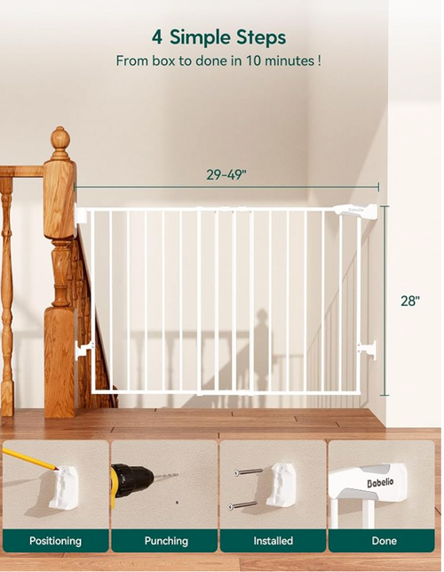 Babelio Baby Gate for Stairs, Kitchen & Doorways, 26-43" W 28" H No Bottom Bar| Easy Installation| One-Handed Operation| Auto-Close| Hardware Mount (Drill Needed) Safety Dog/Pet Gate Indoor (White)