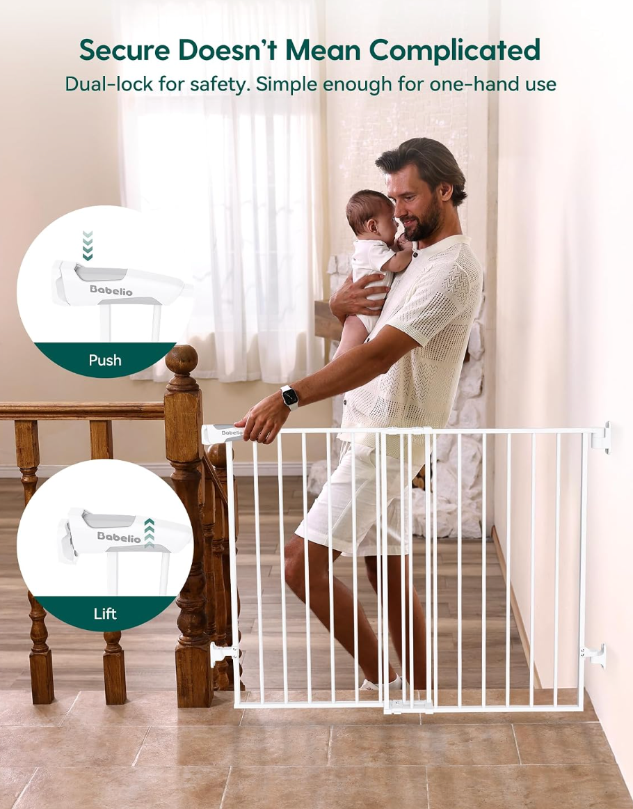 Babelio Baby Gate for Stairs, Kitchen & Doorways, 26-43" W 28" H No Bottom Bar| Easy Installation| One-Handed Operation| Auto-Close| Hardware Mount (Drill Needed) Safety Dog/Pet Gate Indoor (White)