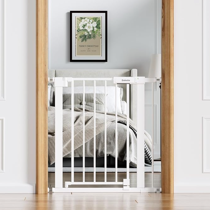 Babelio Baby Gate for Doorways and Stairs, 26-31" Pet Gate with Wide Walk Thru Door and Lock Indicator, No Drill Pressure Mounted Safety Gate with Double Lock and Self-Closing, White
