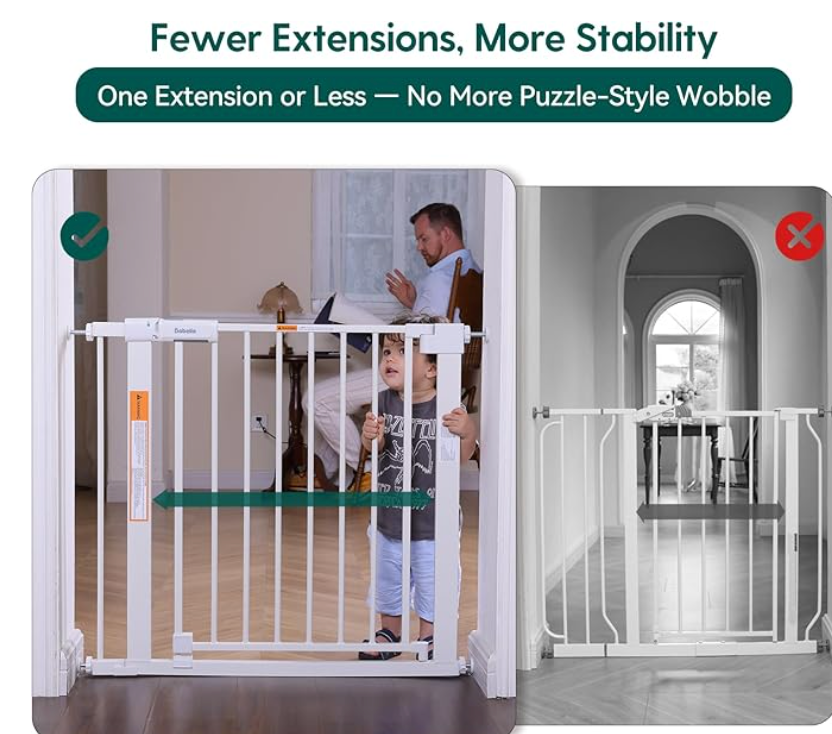 Babelio Baby Gate for Doorways and Stairs, 26-31" Pet Gate with Wide Walk Thru Door and Lock Indicator, No Drill Pressure Mounted Safety Gate with Double Lock and Self-Closing, White