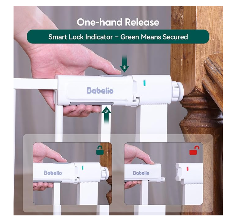 Babelio Baby Gate for Doorways and Stairs, 26-31" Pet Gate with Wide Walk Thru Door and Lock Indicator, No Drill Pressure Mounted Safety Gate with Double Lock and Self-Closing, White